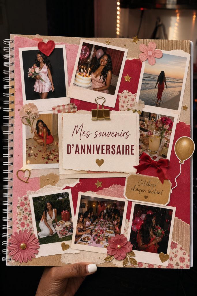 Un album de scrapbook d'anniversaire décoré de photos et d'autocollants