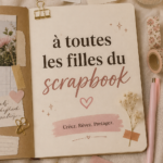 Une femme heureuse en train de créer un album de scrapbooking avec des photos et des embellissements colorés.