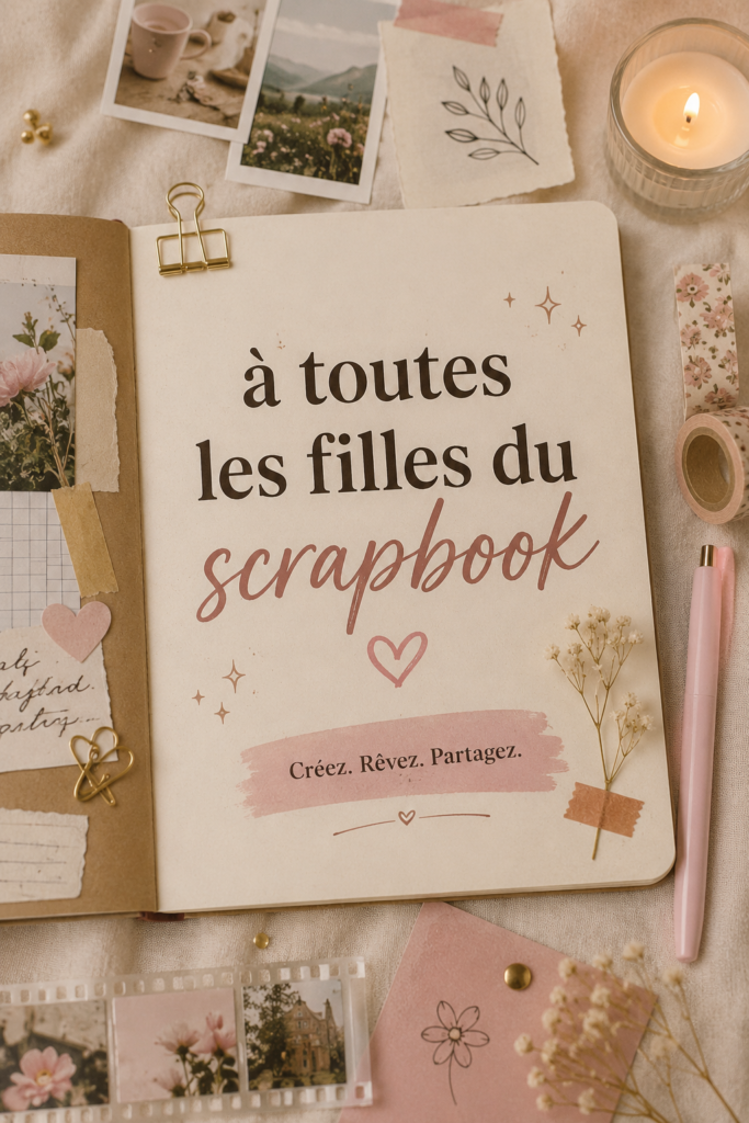 Une femme heureuse en train de créer un album de scrapbooking avec des photos et des embellissements colorés.