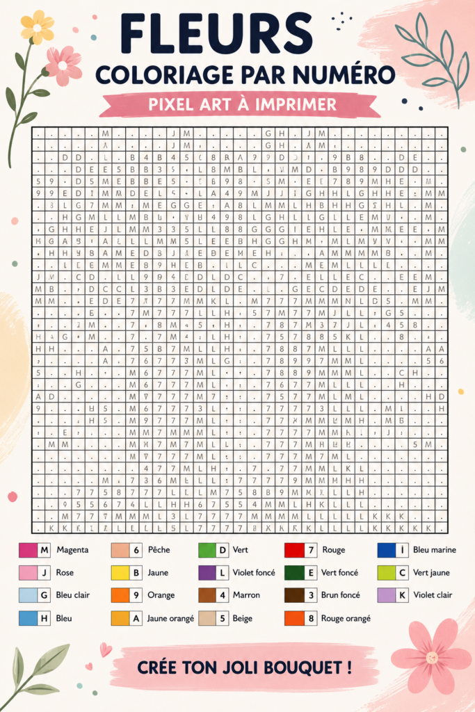 Modèle de fleurs à colorier en pixel art, imprimable