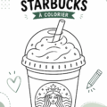 Image d'une page à colorier Frappuccino Starbucks avec des crayons colorés.
