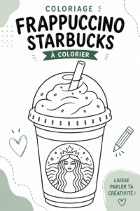 Image d'une page à colorier Frappuccino Starbucks avec des crayons colorés.