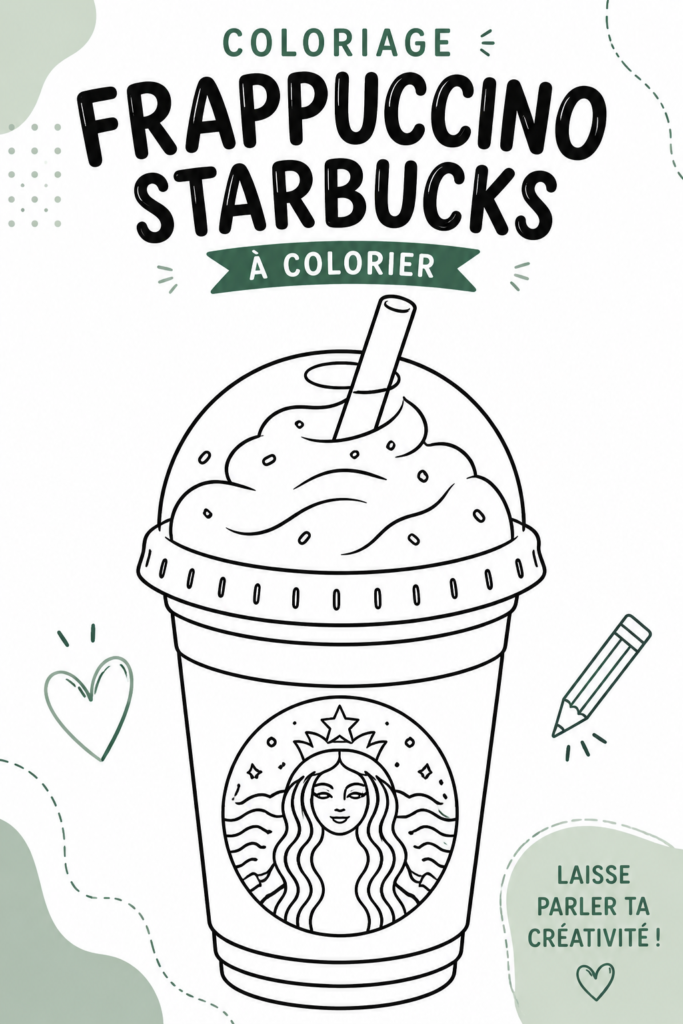 Image d'une page à colorier Frappuccino Starbucks avec des crayons colorés.
