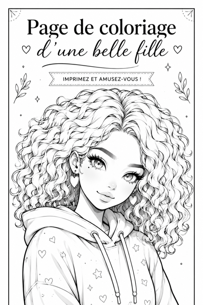 Illustration à colorier d'une jolie fille, permettant de se détendre et de s'exprimer créativement.