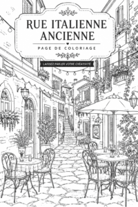 Une page de coloriage représentant une rue italienne, illustrant des maisons pittoresques et des ruelles étroites.