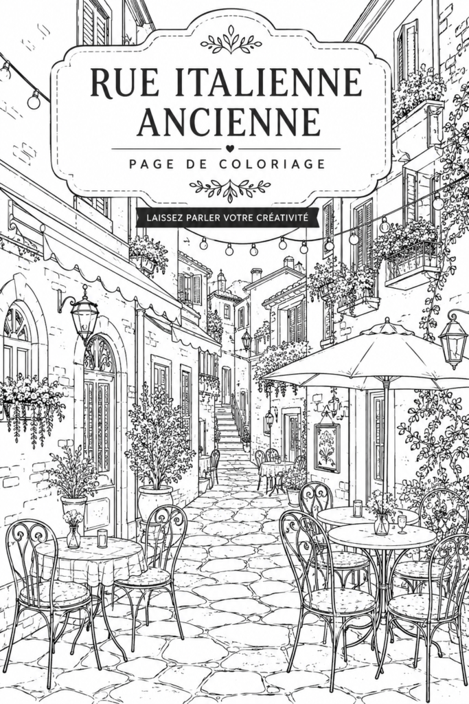 Une page de coloriage représentant une rue italienne, illustrant des maisons pittoresques et des ruelles étroites.