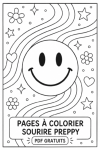 Page de coloriage souriant dans le style preppy, mettant en valeur des éléments colorés et joyeux.