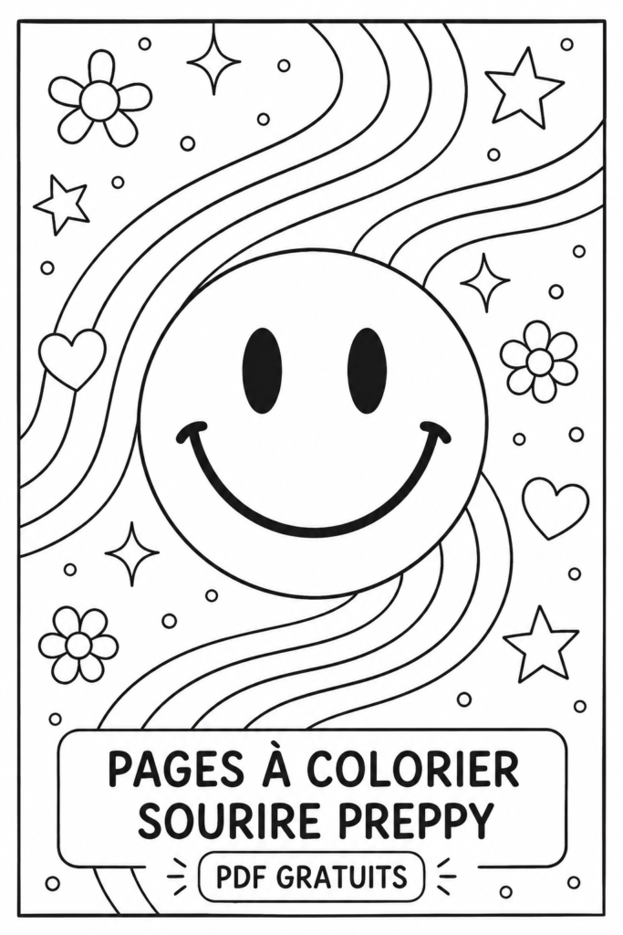 Page de coloriage souriant dans le style preppy, mettant en valeur des éléments colorés et joyeux.