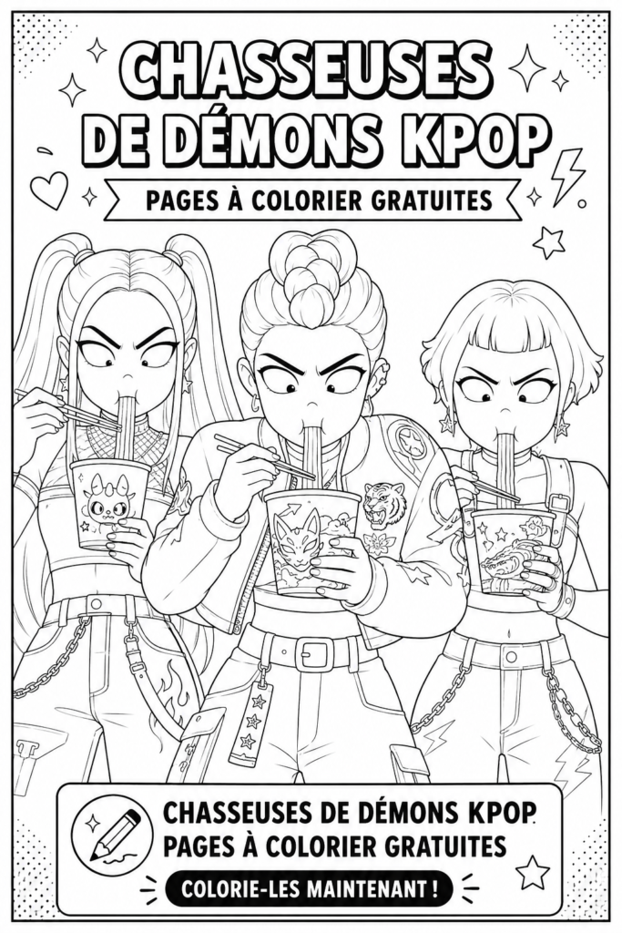 Pages de coloriage K-Pop avec des illustrations de chasseurs de démons.