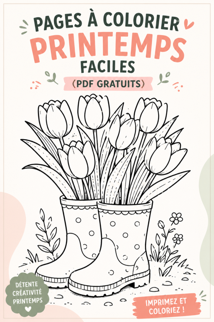 Un exemple de coloriage printanier facile à imprimer avec des fleurs et des animaux.