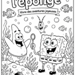 Enfants coloriant des pages de SpongeBob avec des crayons colorés.