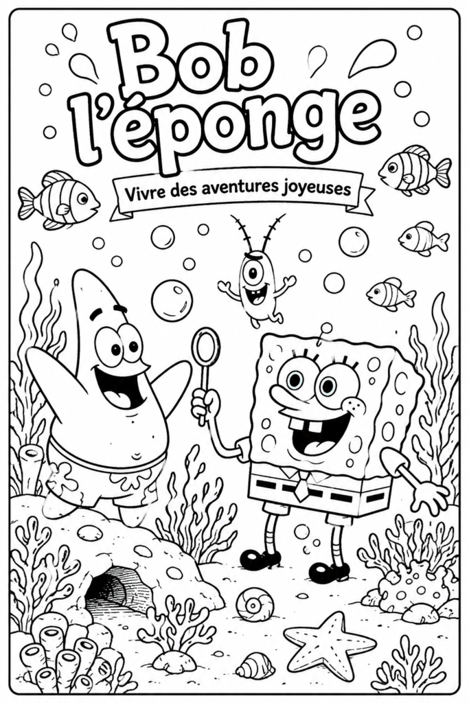 Enfants coloriant des pages de SpongeBob avec des crayons colorés.