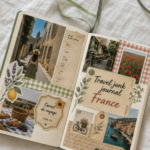 Une vue d'ensemble d'un travel junk journal, ouvert avec des souvenirs de voyages en France