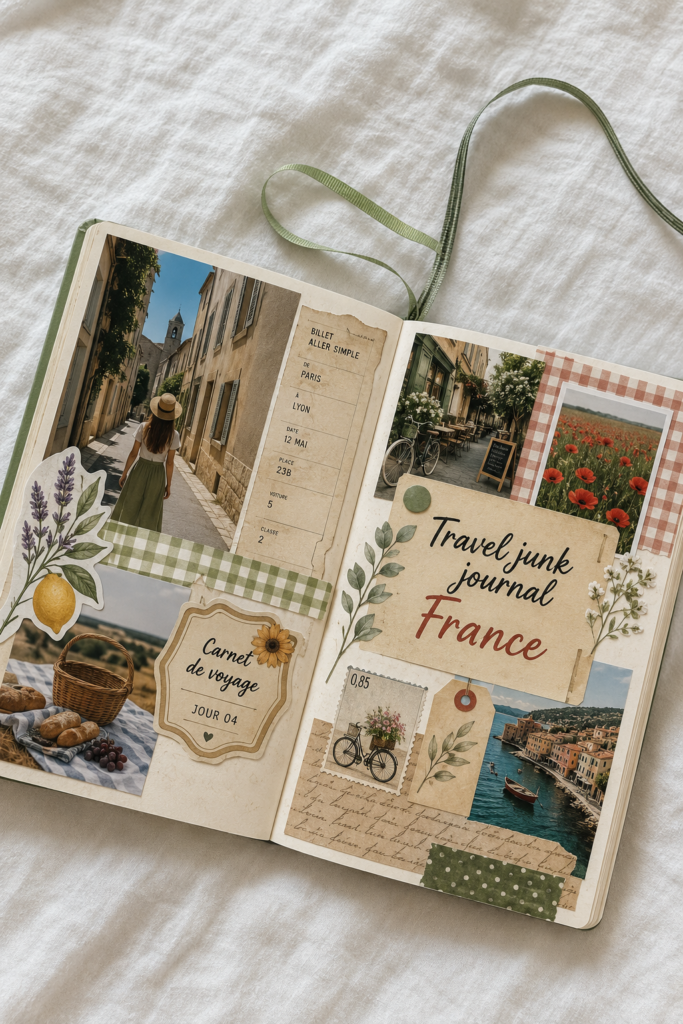 Une vue d'ensemble d'un travel junk journal, ouvert avec des souvenirs de voyages en France