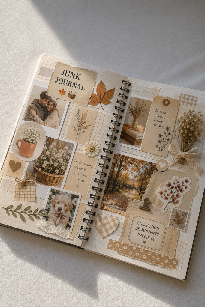 Couverture colorée d'un junk journal fait main avec des motifs créatifs