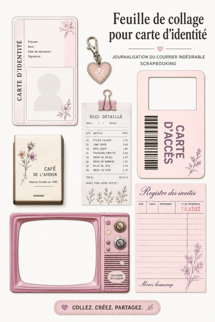 Une carte d'identité décorée avec des feuilles de collage colorées et créatives.