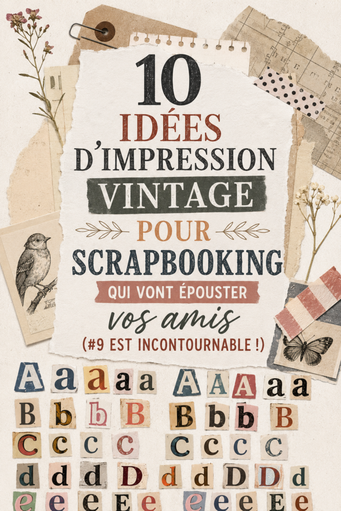 Un scrapbook vintage ouvert, exposant des impressions et des décorations colorées.