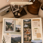Femme écrivant dans un journal de voyage coloré en extérieur, entourée de paysages magnifiques.