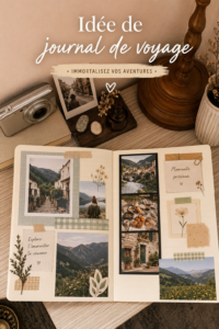 Femme écrivant dans un journal de voyage coloré en extérieur, entourée de paysages magnifiques.