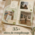 Assemblage de pages de scrapbook colorées avec divers embellissements et photos.