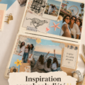 Un beau scrapbook d'été légèrement ouvert montrant des photos de vacances et décorations colorées.