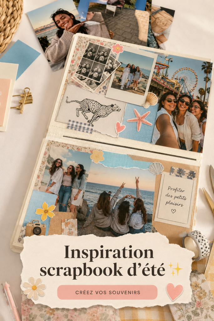 Un beau scrapbook d'été légèrement ouvert montrant des photos de vacances et décorations colorées.