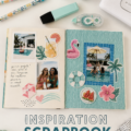 Une table décorée pour une pool party avec un scrapbook créatif en arrière-plan.