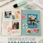 Une table décorée pour une pool party avec un scrapbook créatif en arrière-plan.