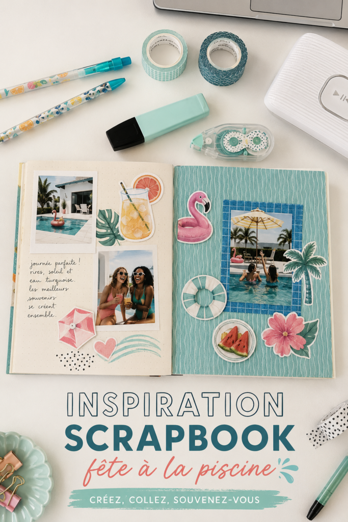 Une table décorée pour une pool party avec un scrapbook créatif en arrière-plan.