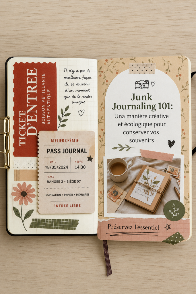 Une photo de pages colorées et créatives de junk journaling, avec des matériaux recyclés.