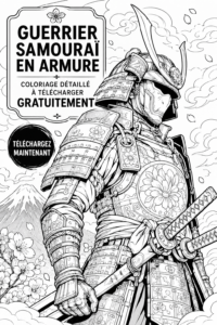 Page à colorier détaillée représentant un samouraï, idéale pour la créativité.