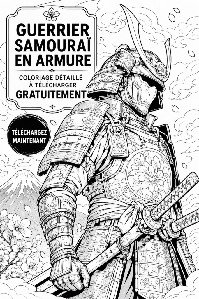 Page à colorier détaillée représentant un samouraï, idéale pour la créativité.
