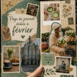 Un carnet ouvert avec des pages de journal de voyage pour février, illustrées et décorées.