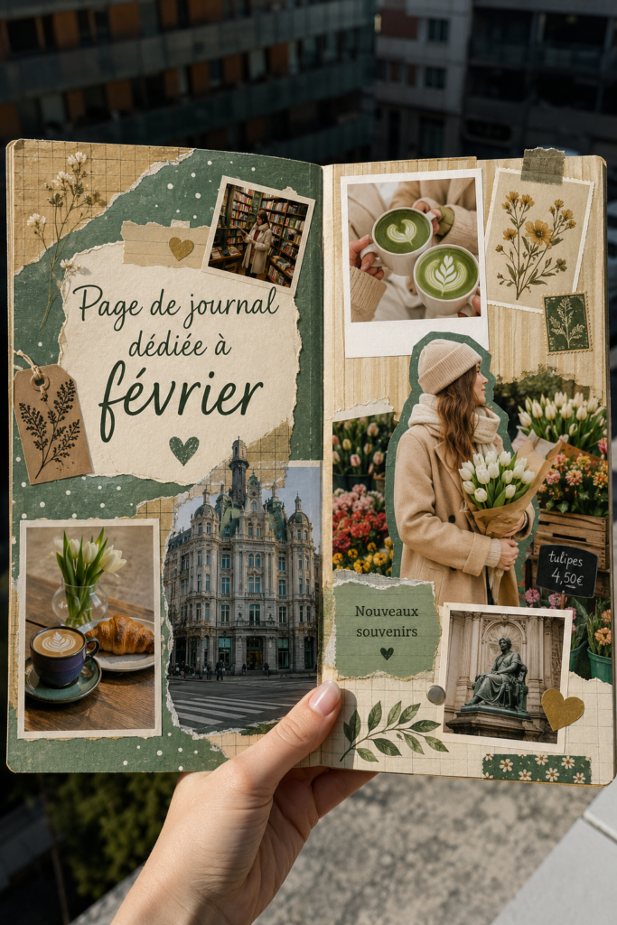 Un carnet ouvert avec des pages de journal de voyage pour février, illustrées et décorées.