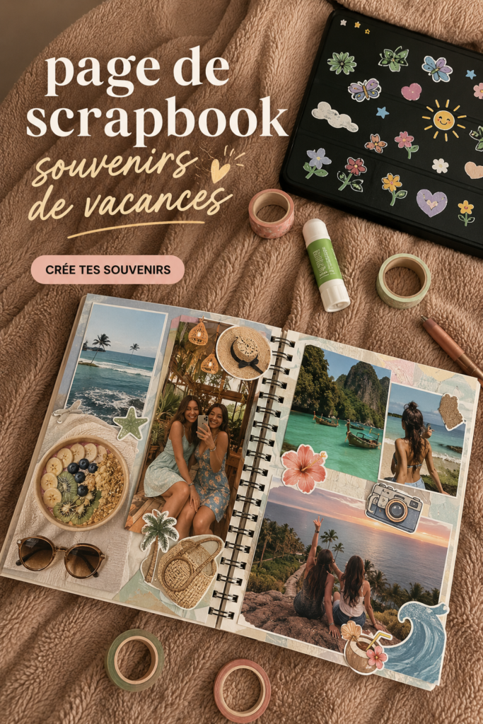 Image d'une page de scrapbook colorée avec des photos de vacances