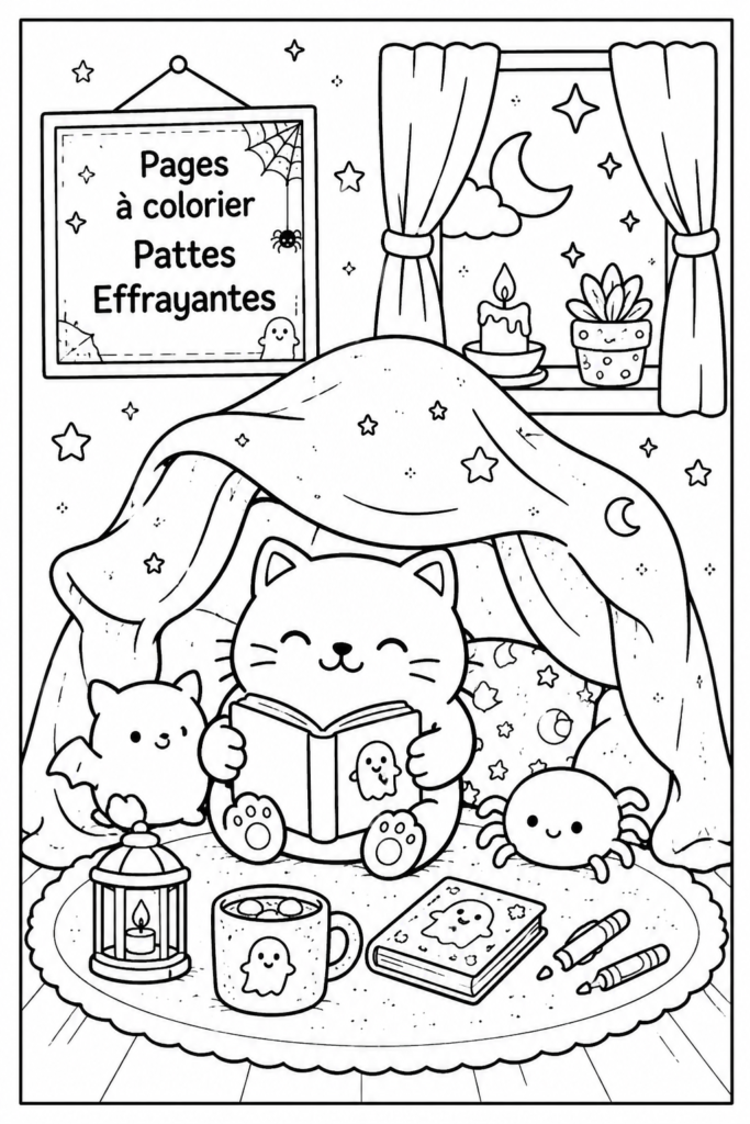 Un chien coloriant des pages à colorier Halloween entouré de crayons.