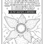 Pages à colorier gratuites inspirées de Stranger Things, montrant des personnages et des scènes emblématiques.