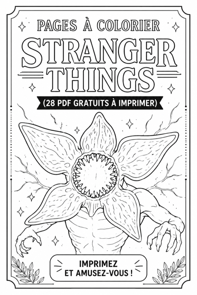 Pages à colorier gratuites inspirées de Stranger Things, montrant des personnages et des scènes emblématiques.
