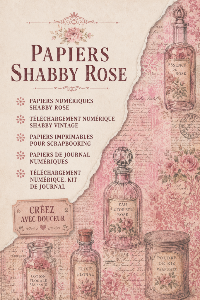 Collection de papiers numériques shabby chic en rose, idéal pour le scrapbook.
