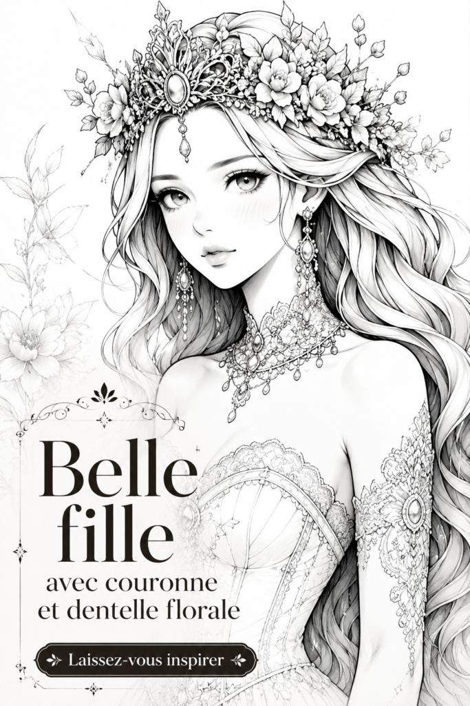 Portrait en noir et blanc d'une femme avec une couronne de fleurs, exprimant la beauté et l'élégance.