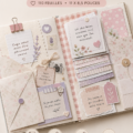 Scrapbook personnalisable ouvert avec des pages décorées de souvenirs