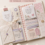 Scrapbook personnalisable ouvert avec des pages décorées de souvenirs