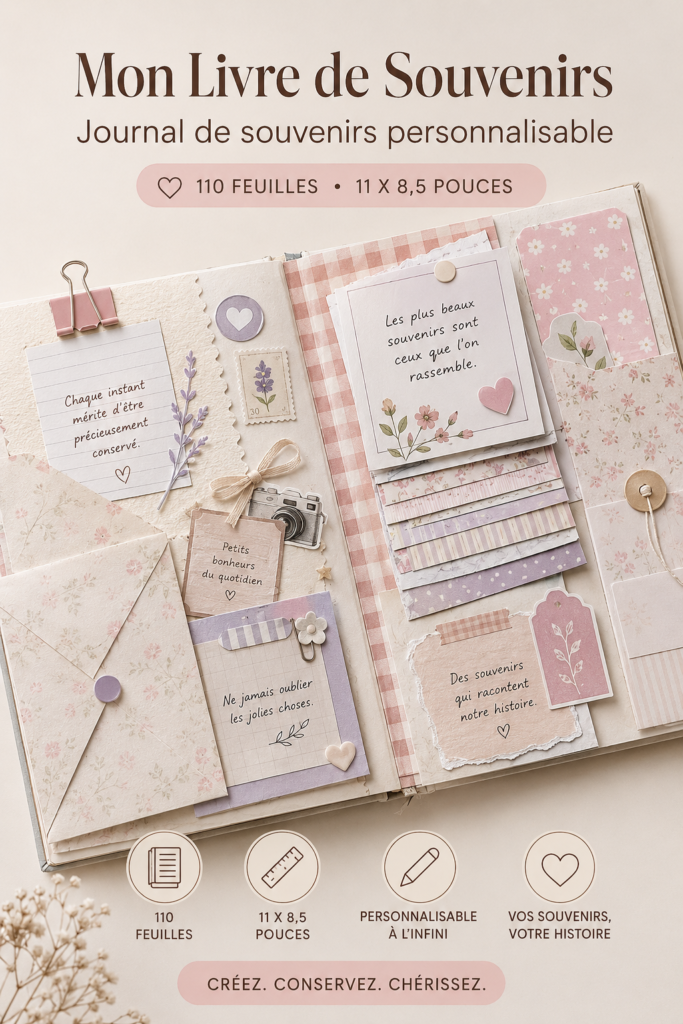 Scrapbook personnalisable ouvert avec des pages décorées de souvenirs