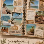 Album de scrapbooking de souvenirs de plage fait maison avec des photos et embellissements