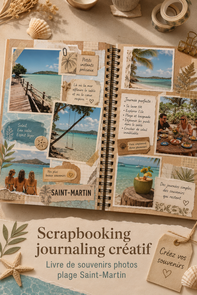 Album de scrapbooking de souvenirs de plage fait maison avec des photos et embellissements