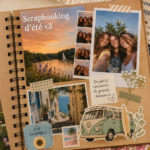 Un scrapbook d'été coloré avec des photos de vacances et des embellissements créatifs.