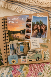 Un scrapbook d'été coloré avec des photos de vacances et des embellissements créatifs.