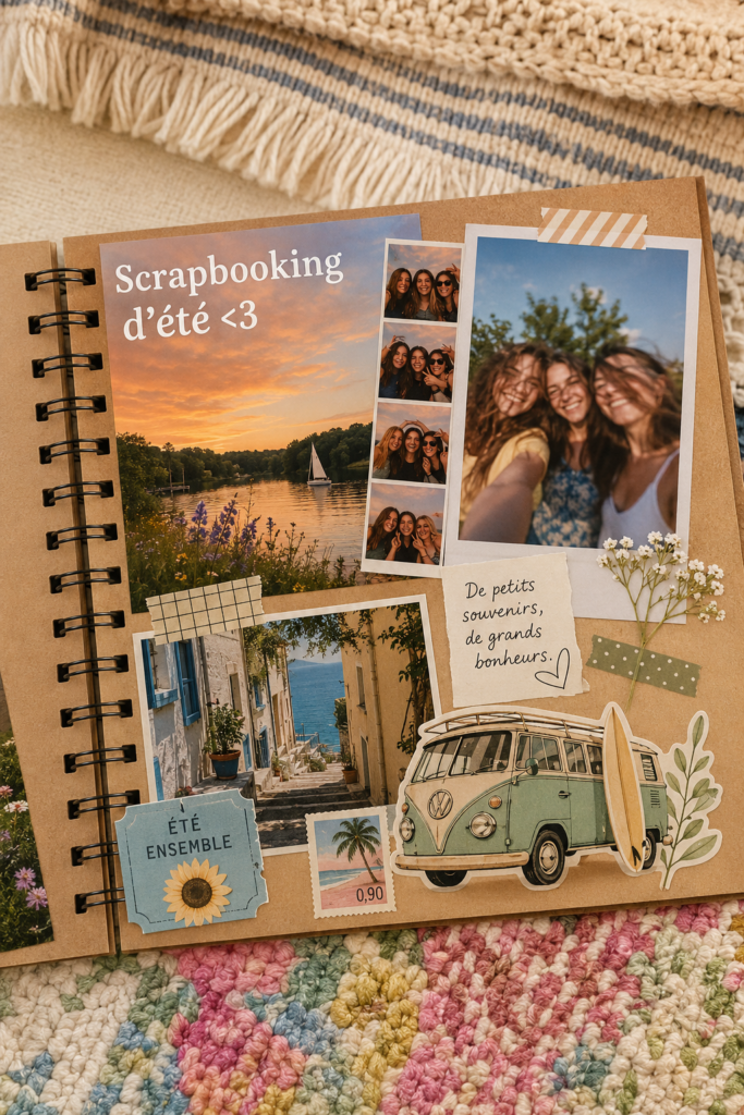 Un scrapbook d'été coloré avec des photos de vacances et des embellissements créatifs.