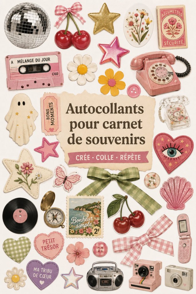 Un collage de stickers colorés sur un journal créatif
