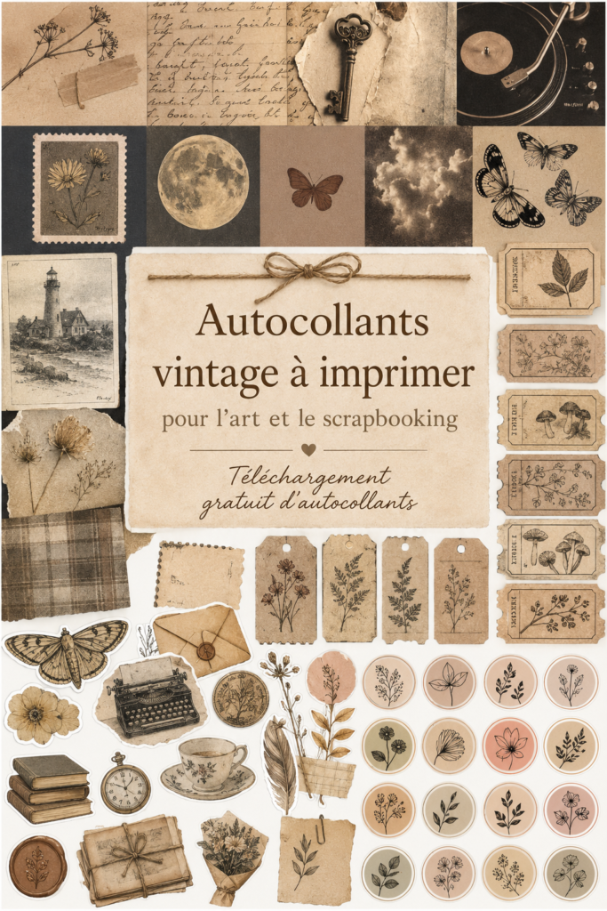 Des stickers vintage colorés en différentes formes prêts à être téléchargés pour des créations DIY.